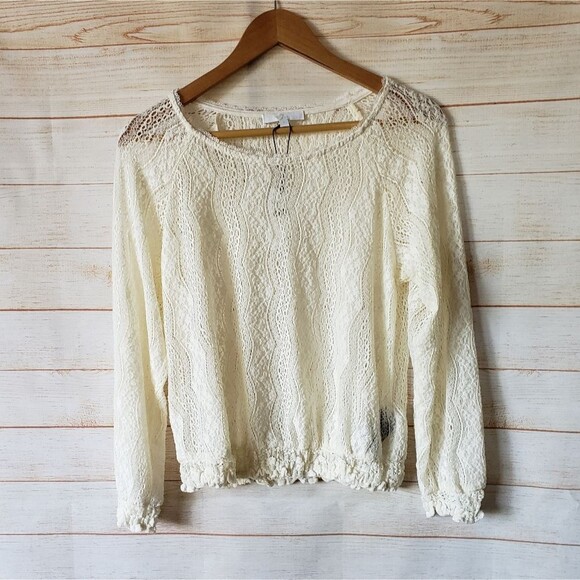 7 For All Mankind Stretchy Lace Round Neck Long Sleeve Top/Blouse Ivory Cream - Picture 1 of 9
